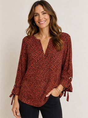 Michael Kors | Orange Rust Roll Tab Sleeve Blouse Top Sz L